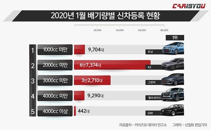 국내 차종별 배기량 구간 비교